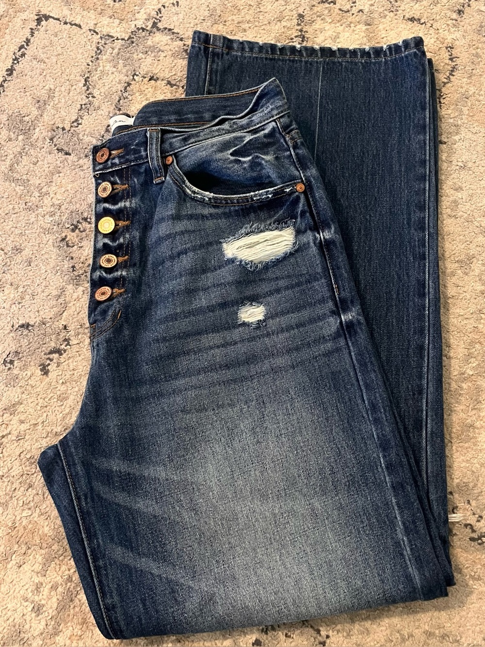 KanCan Dark Blue Distressed Wide Leg Jeans 100 Cotton Button Fly